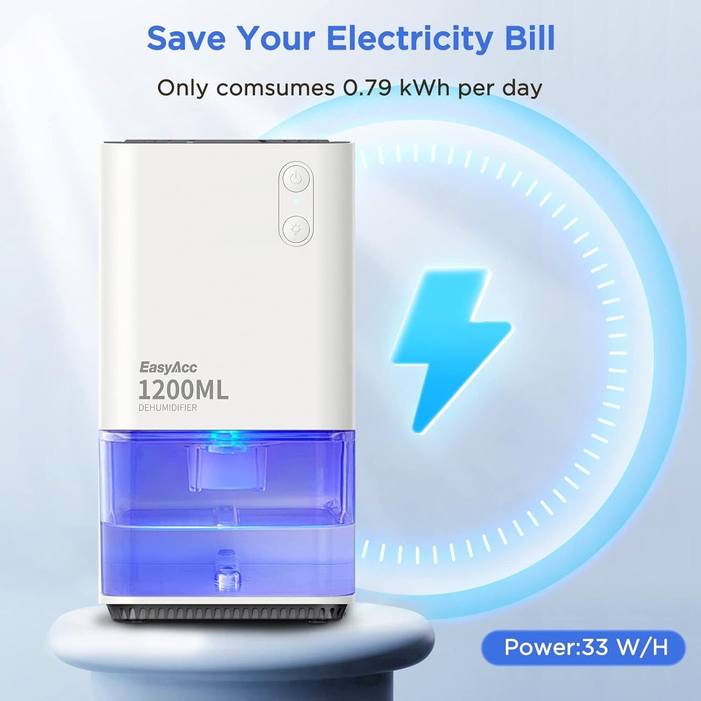 EasyAcc 1200ml Mini Electric Dehumidifier – Ultra Quiet, Auto Shut-Off, LED Night Light, Portable