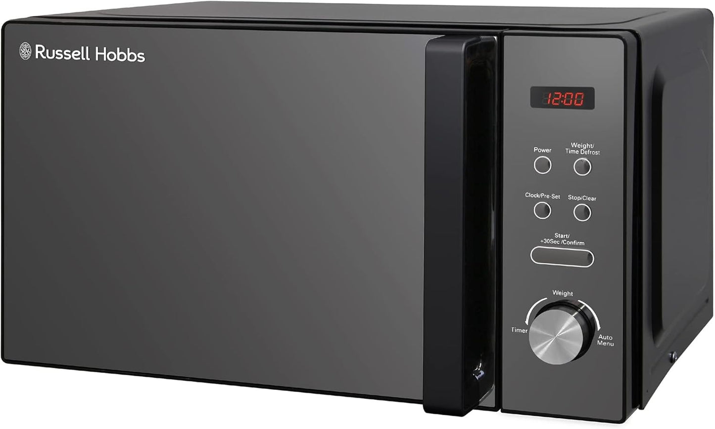 Russell Hobbs RHM2076B 20L Digital Microwave – 800W, 8 Auto Cook Menus, Black Mirror Finish