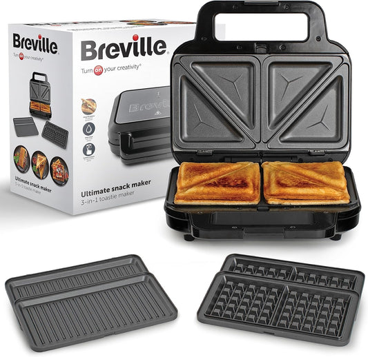 Breville 3-in-1 Ultimate Snack Maker – Toastie, Waffle & Panini Press, Black & Stainless Steel [VST098]