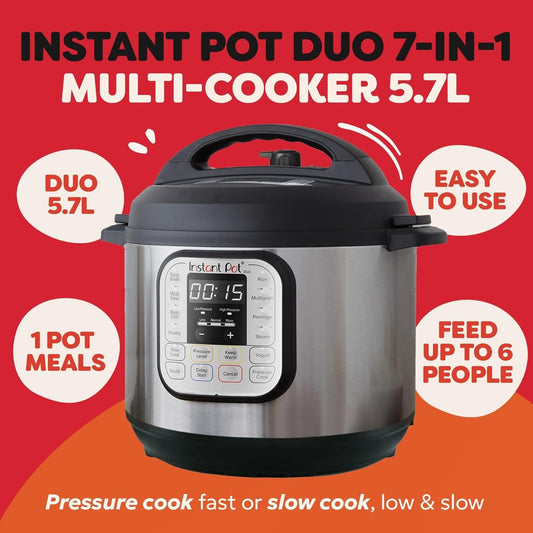 Instant Pot Duo 7-in-1 Multi-Cooker – 5.7L, Pressure, Slow Cooker, Rice & More, Stainless Steel
