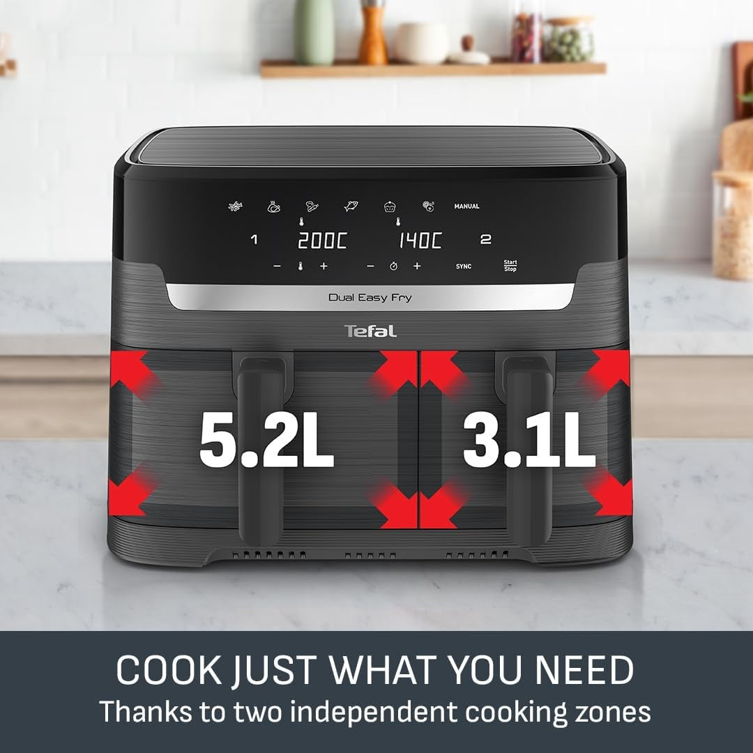 Tefal Easy Fry Dual Zone Air Fryer – 8.3L, 2 Drawers, 8-in-1 Digital, Grey EY901HG0
