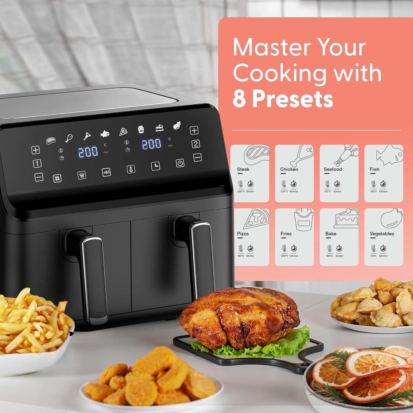 Keplin 9L Dual Zone Air Fryer – 2700W, 8-in-1 Functions, Family Size