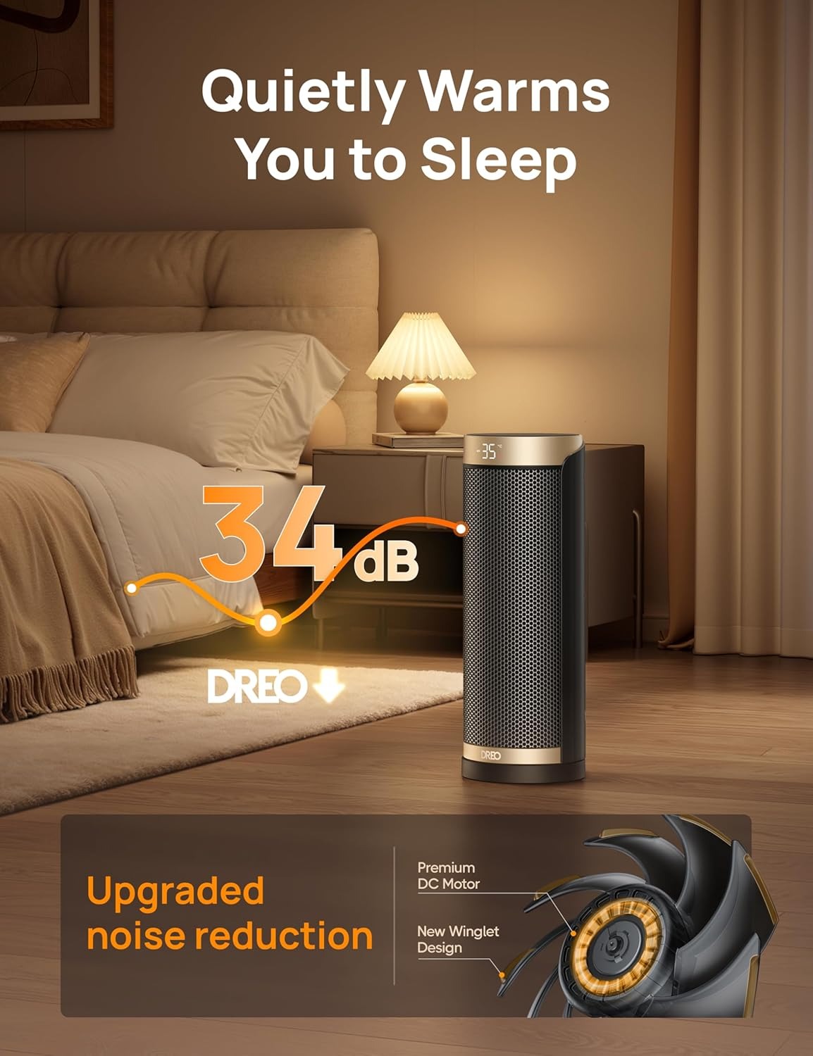 Dreo 16" Electric Ceramic Heater – Silent 34dB, Oscillating, Energy-Efficient, 3-Speed, Home & Office