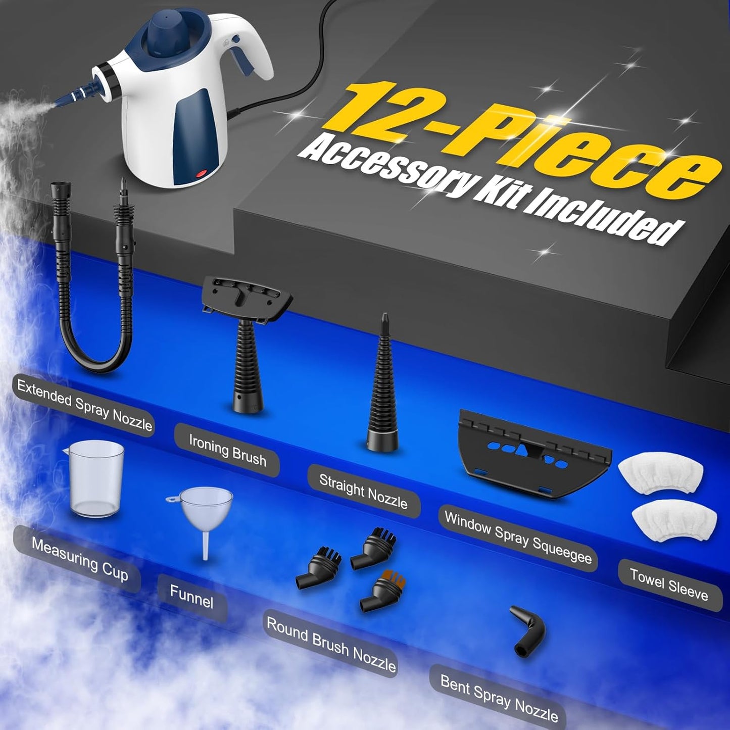 Handheld Steam Cleaner – Portable Multi-Surface Cleaning, 12 Accessories, Chemical-Free, 1050W