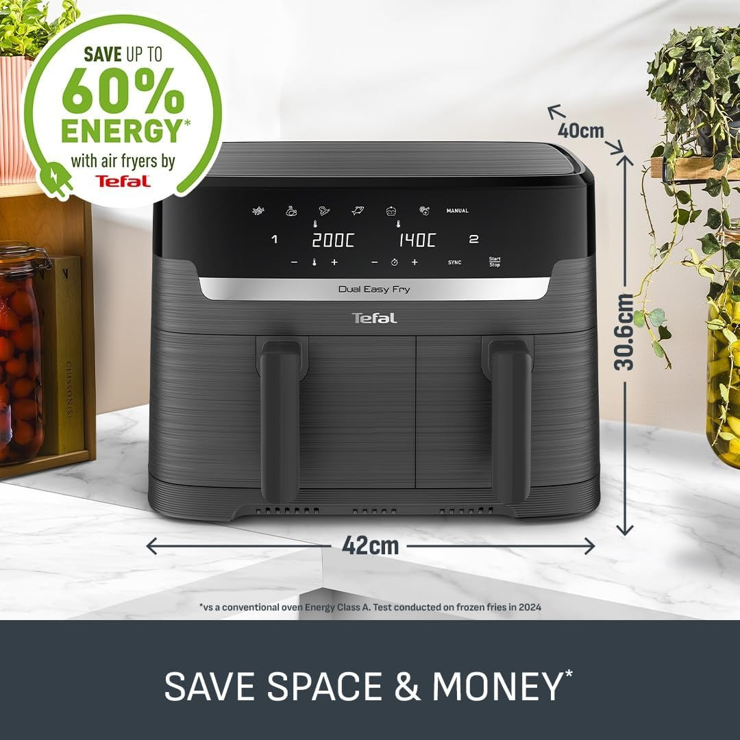 Tefal Easy Fry Dual Zone Air Fryer – 8.3L, 2 Drawers, 8-in-1 Digital, Grey EY901HG0