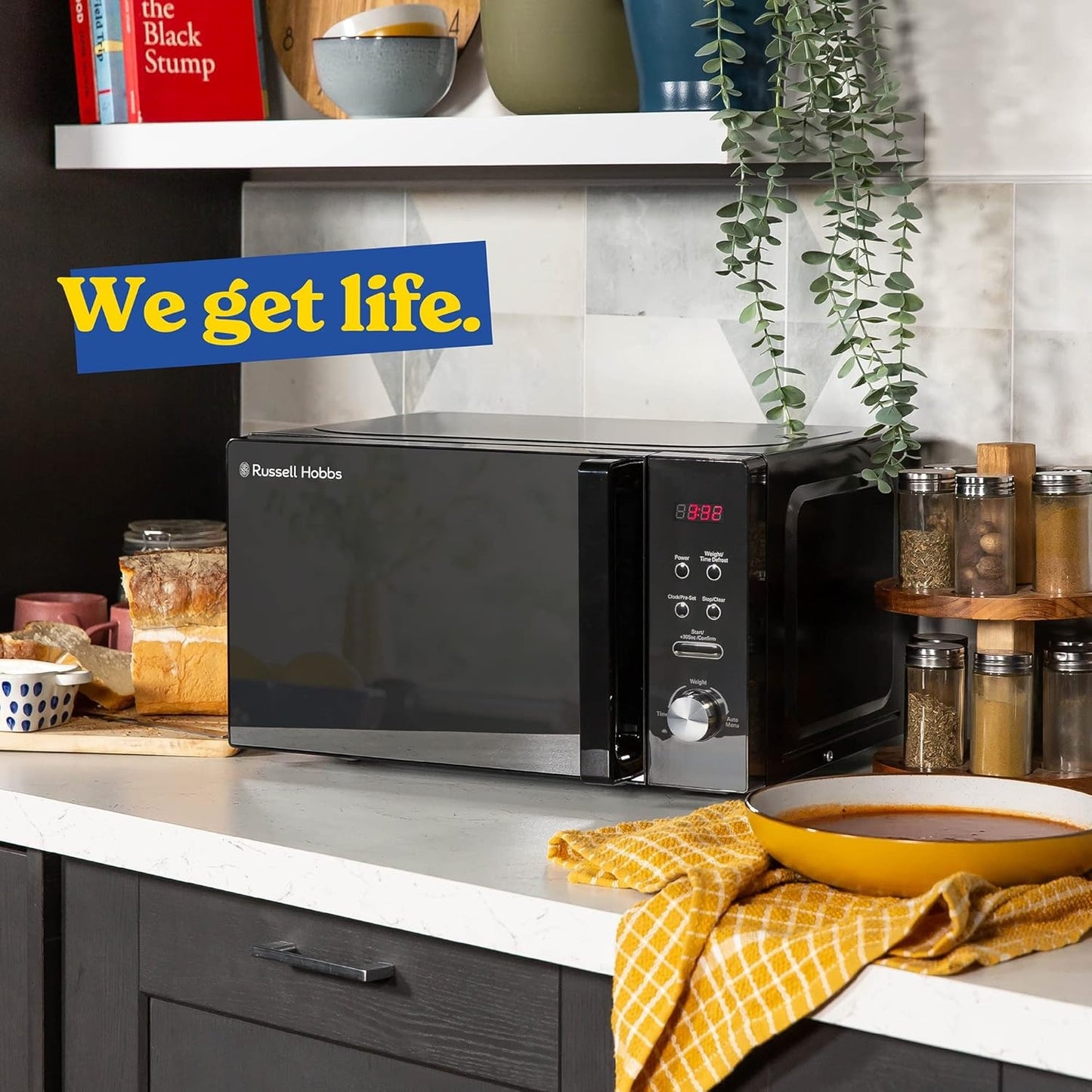 Russell Hobbs RHM2076B 20L Digital Microwave – 800W, 8 Auto Cook Menus, Black Mirror Finish